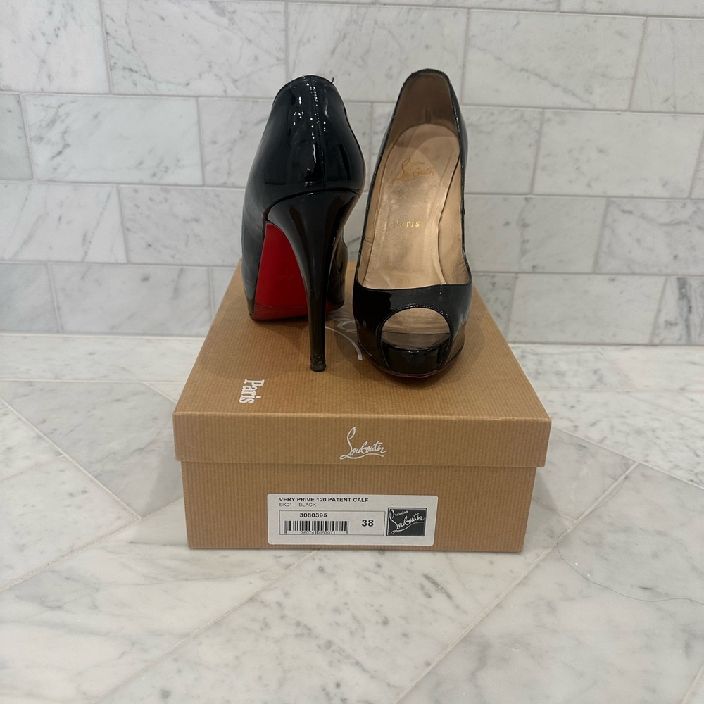 Christian Louboutin Black Patent Leather Peep-Toe Pumps with Red Soles